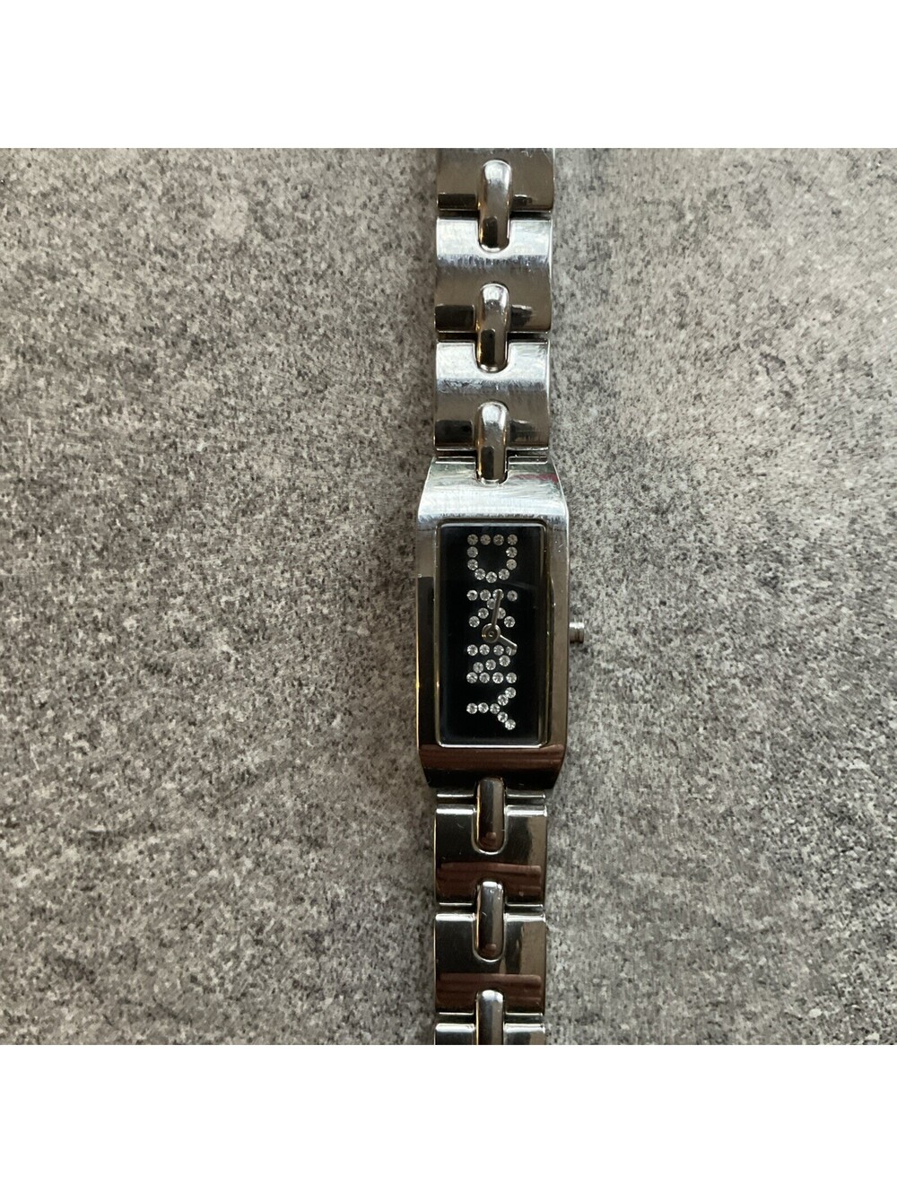 DKNY Womens Tank Style Watch 16mm Silver Tone Case & Band Black Dial B-I